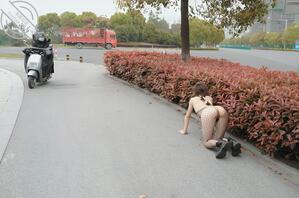 就喜欢把逼漏出来---母狗爬行姿势，城市绿化带极限露出，路人有眼福了